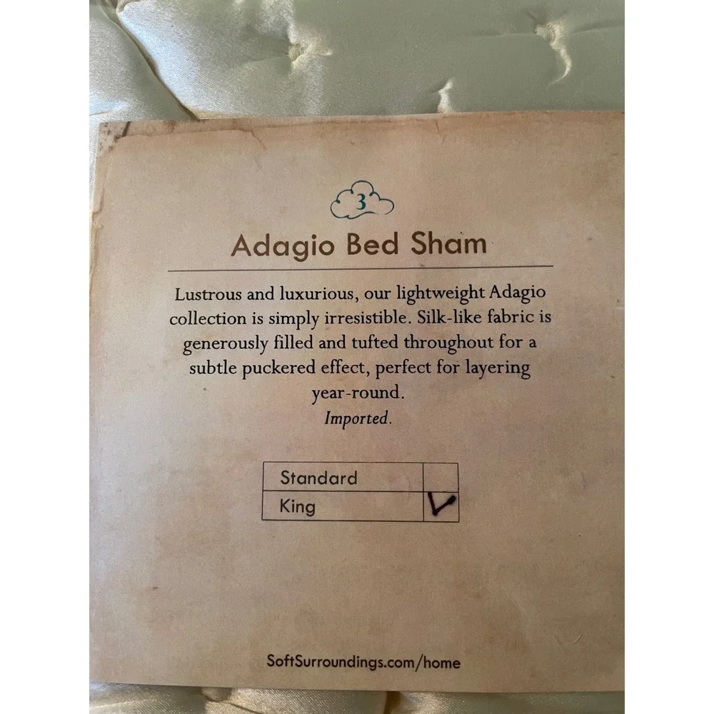 Soft‎ Surroundings Adagio King Bed Sham Set of 2 Ivory Tufted Silk-Like Fabric